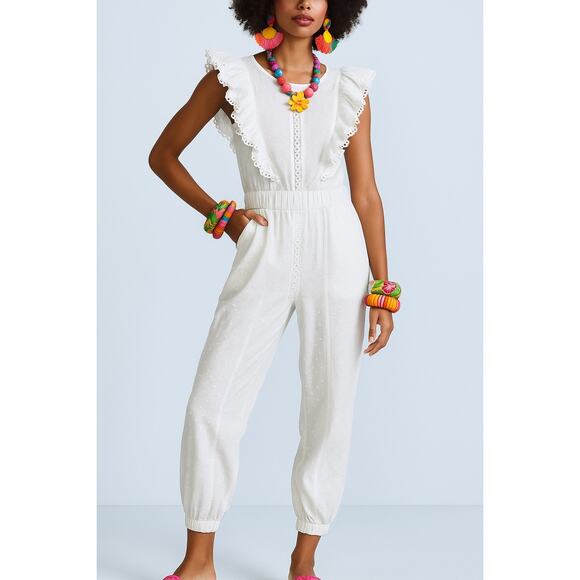 Farm Rio Cotton White Eyelet Lace Jumpsuit Ruffle High Neck Cottage Large - Picture 1 of 12